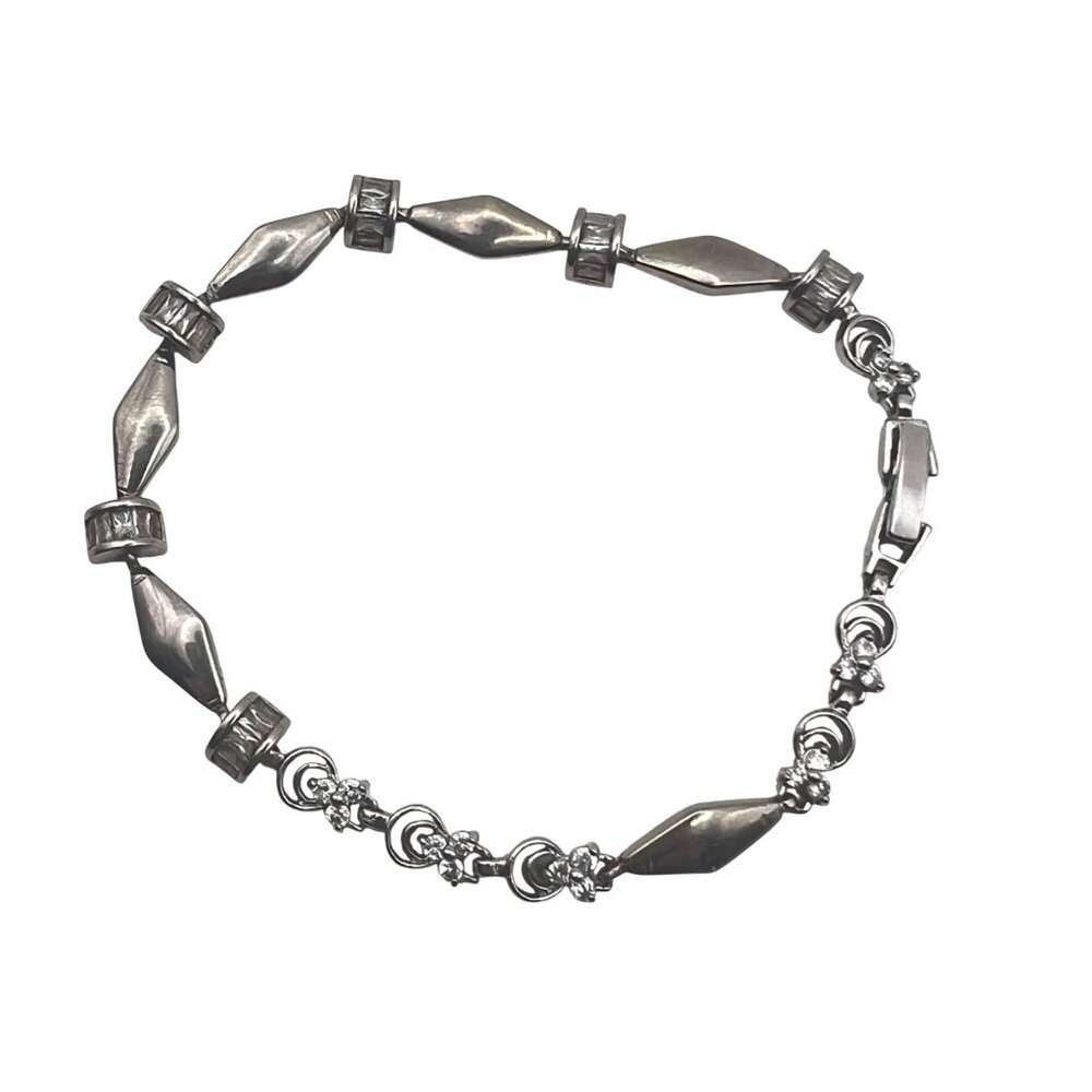 Silver Tone Bracelet Geometric  Floral Links Size 7.25" Fold-Over Clasp Vintage